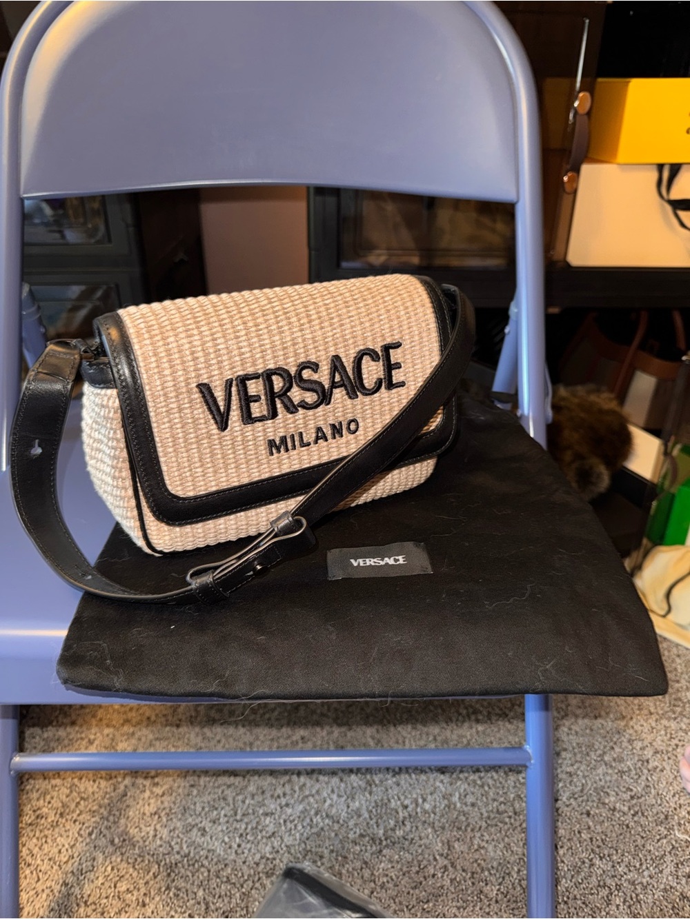 Versace Beige Rafia and Leather Crossbody with Black Trim